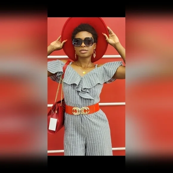 UMGEE - Gray & White Striped Cold-Shoulder Ruffle Jumpsuit - Picture 3 of 7